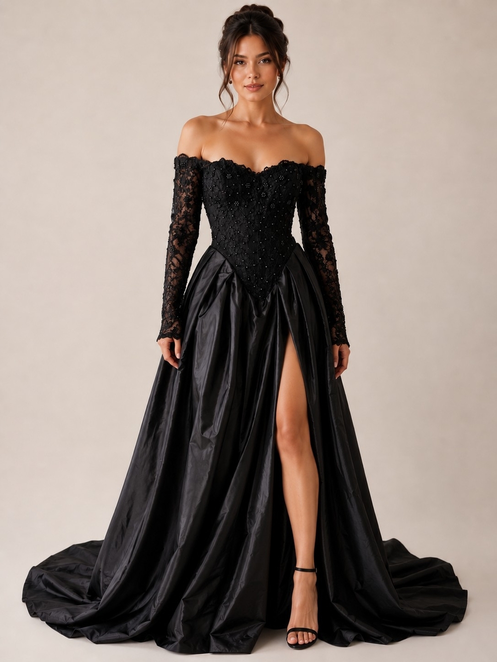 Elegant Black Off-Shoulder Evening Gown with Lace Sleeves